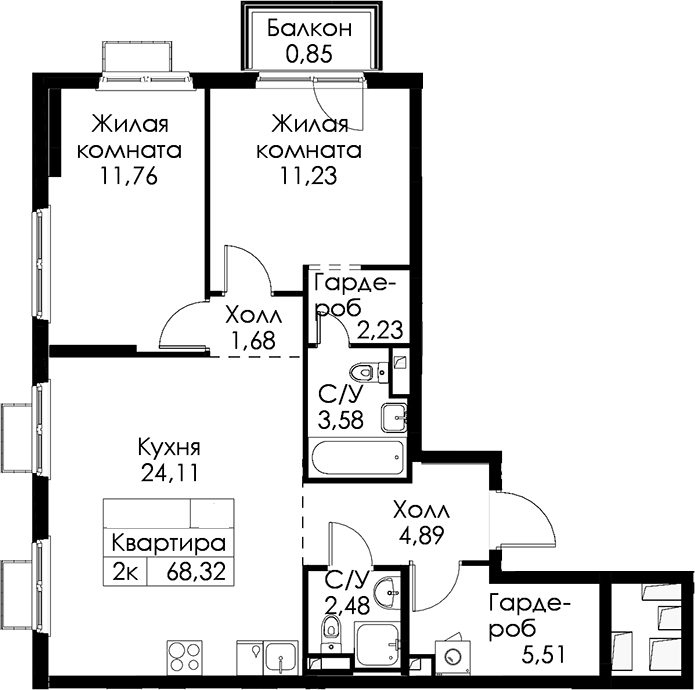 2-комнатная квартира 68.32 м², 9/15 эт., ЖК «Янинский лес»